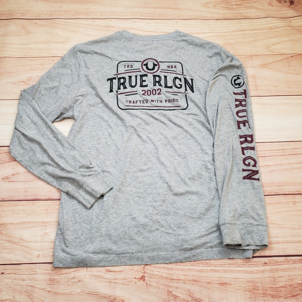 True‎ Religion Shirt Mens XL Heather Gray Graphic Long Sleeve Tee Horseshoe Logo